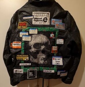 Cyberpunk hacker glitch leather battle jacket